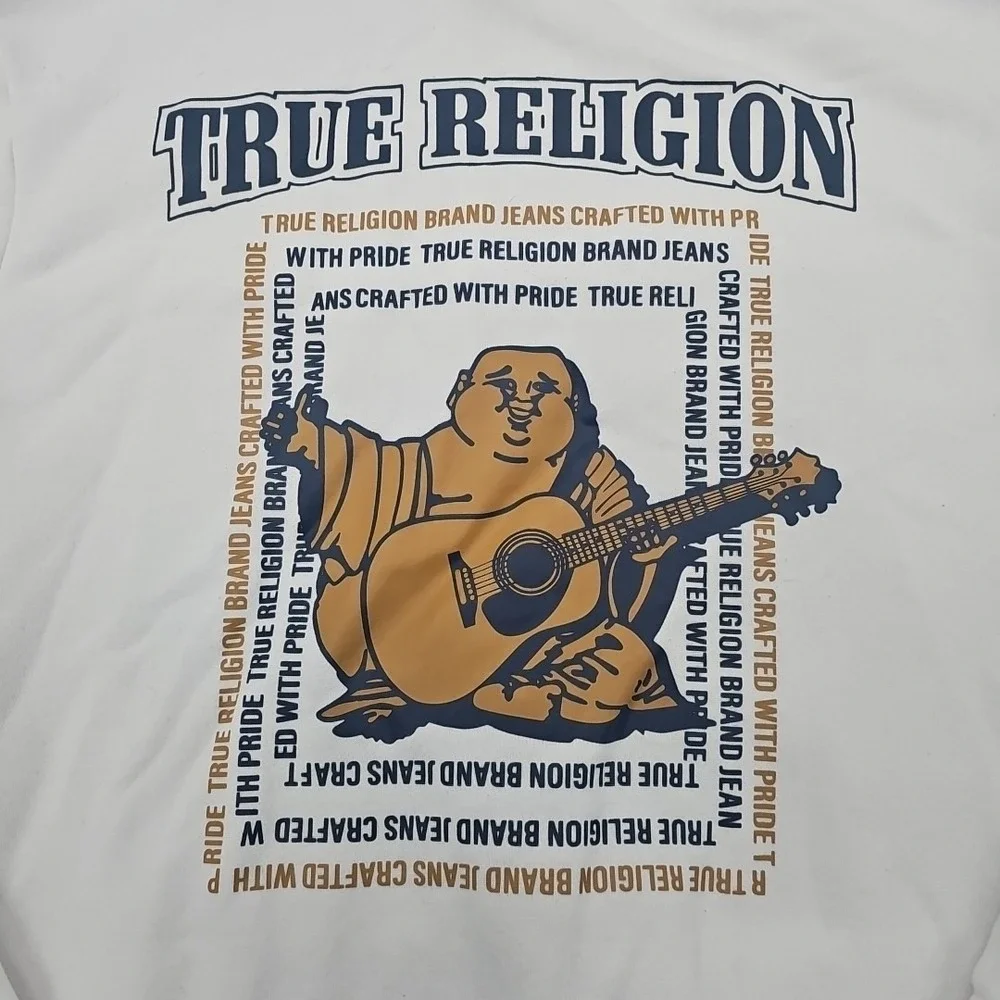 True Religion Hoodie Mens Large White Full Zip Sweatshirt Buddha Logo Streetwear